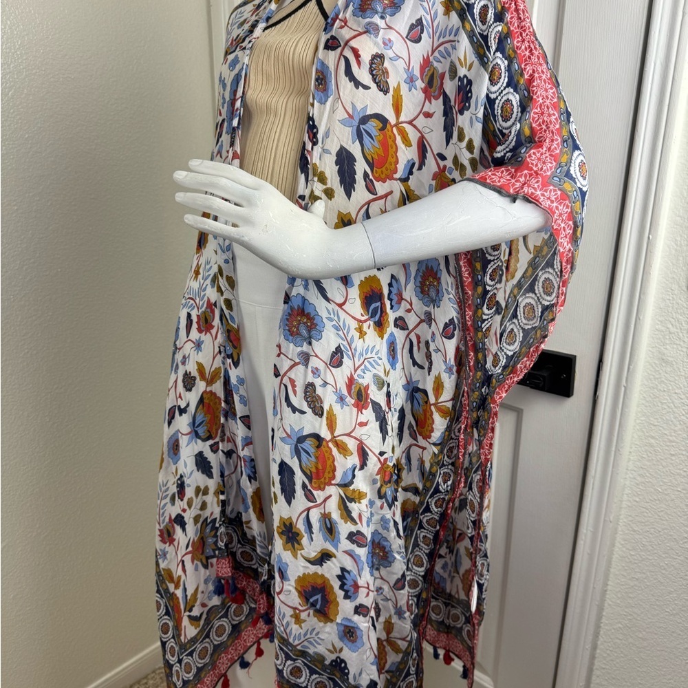 Ruggine Multi Color Bright Floral Lightweight Kimono with Pom Pom Trim. - Picture 8 of 10